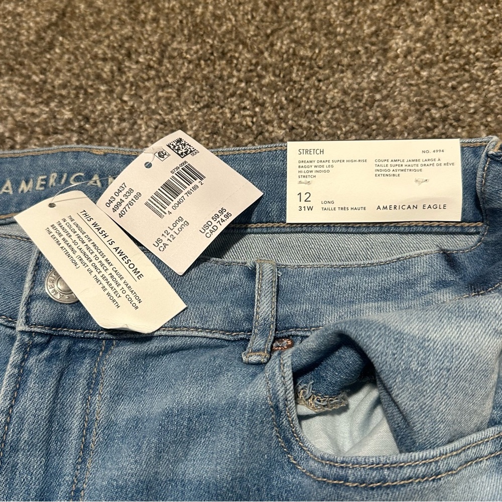 AE Dreamy Drape Stretch Stripe Super High-Waisted Baggy Wide-Leg Jean (12 Long) - Picture 2 of 8